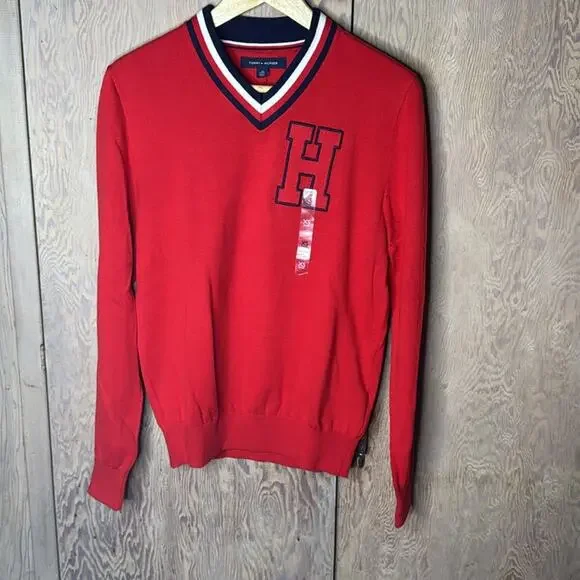 NWT Tommy Hilfiger Letterman H Red Navy Blue White Sweater Size XS - Picture 1 of 5